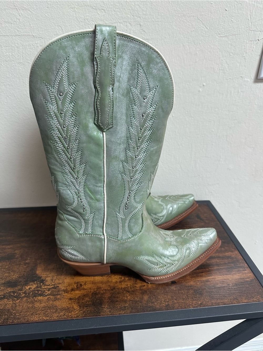 Dan Post Mint Green Leather Western Boots with Cream Trim